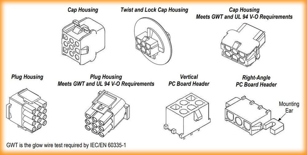 3 mm Receptacle Connector Housing Micro Mate-N-LOK Series 1-794617-0 Micro Mate-N-LOK Connectors. 10 Ways 250 Items 